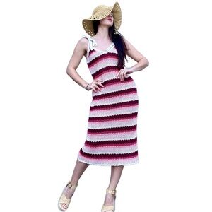 Zara Chunky Thick Knit Beachy Coastal Resortwear Pink Striped Midi Dress Medium